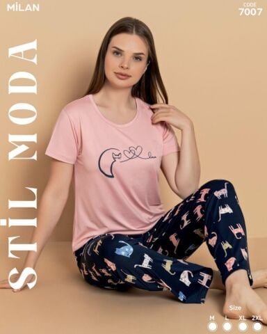 Stil Moda 7007 (M-L-XL-XXL) Milan Bayan Kısa Kol Pijama Takım 4’lü – Pijama Takımı