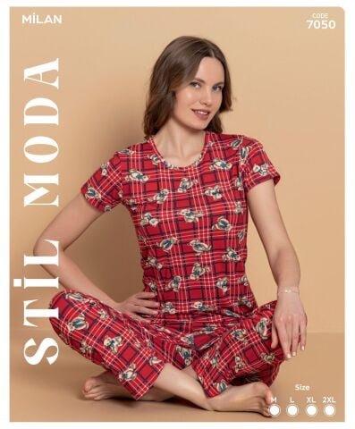 Stil Moda 7050 (M-L-XL-XXL) Milan Bayan Kısa Kol Pijama Takım 4’lü – Pijama Takımı