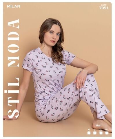 Stil Moda 7051 (M-L-XL-XXL) Milan Bayan Kısa Kol Pijama Takım 4’lü – Pijama Takımı