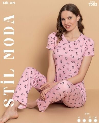 Stil Moda 7053 (M-L-XL-XXL) Milan Bayan Kısa Kol Pijama Takım 4’lü – Pijama Takımı